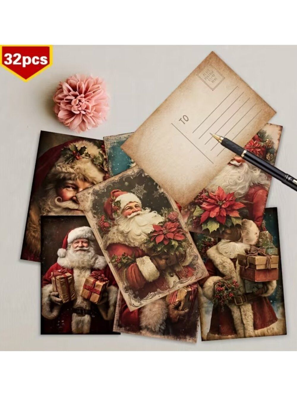 NWT 32pc Double Sided Vintage Christmas Postcards Old World Santa Craft Ephemera